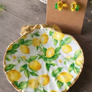Handmade Lemon Print Scallop Jewelry Dish with lemon earrings